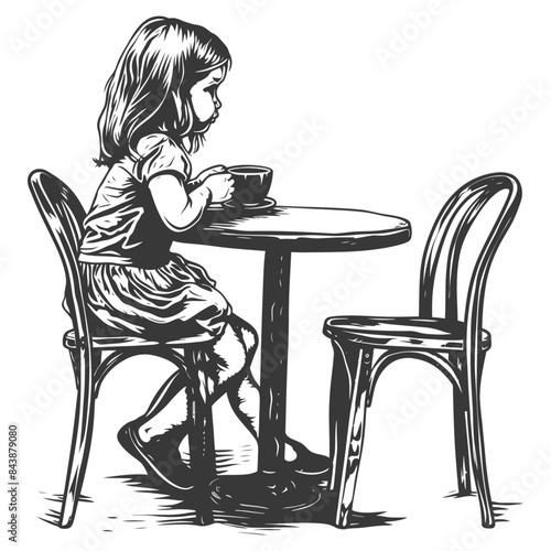 Pensive Girl at Cafe Table, Detailed Monochrome Illustration, Children's Storybook Style