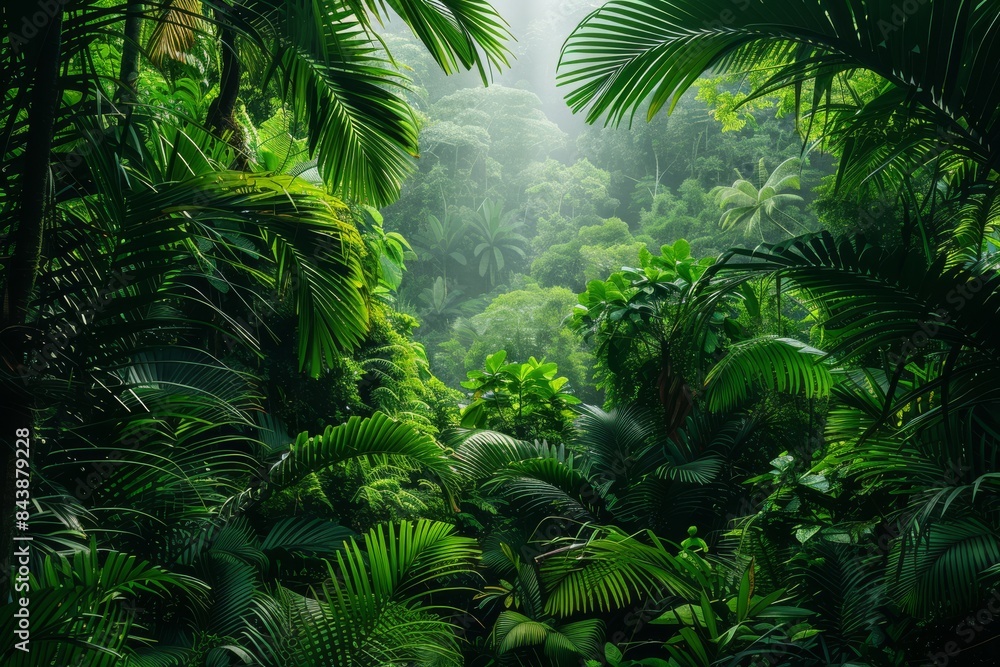 Naklejka premium A vibrant rainforest teeming with lush greenery, abundant with towering trees and a plethora of exotic plants.