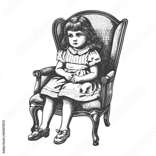 Vintage Engraving: Little Girl Sitting in Wingback Chair, Contemplative.