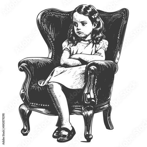 Pouting Girl in Wingback Chair, Cross-Hatched Illustration, Disgruntled Expression, Childhood Angst.
