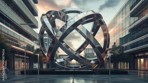 A logo created by the negative space between intertwined metal and glass structures, set in an open urban plaza. 32k, full ultra hd, high resolution photo