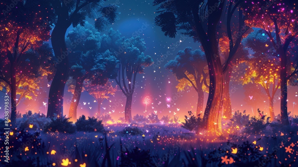 Minimal neon forest with playful fireflies and glowing trees Minimal neon forest with playful fireflies and glowing trees