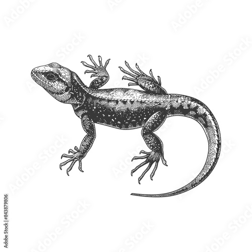 Lizard, engraved illustration, monochrome, wildlife reptile on white.
