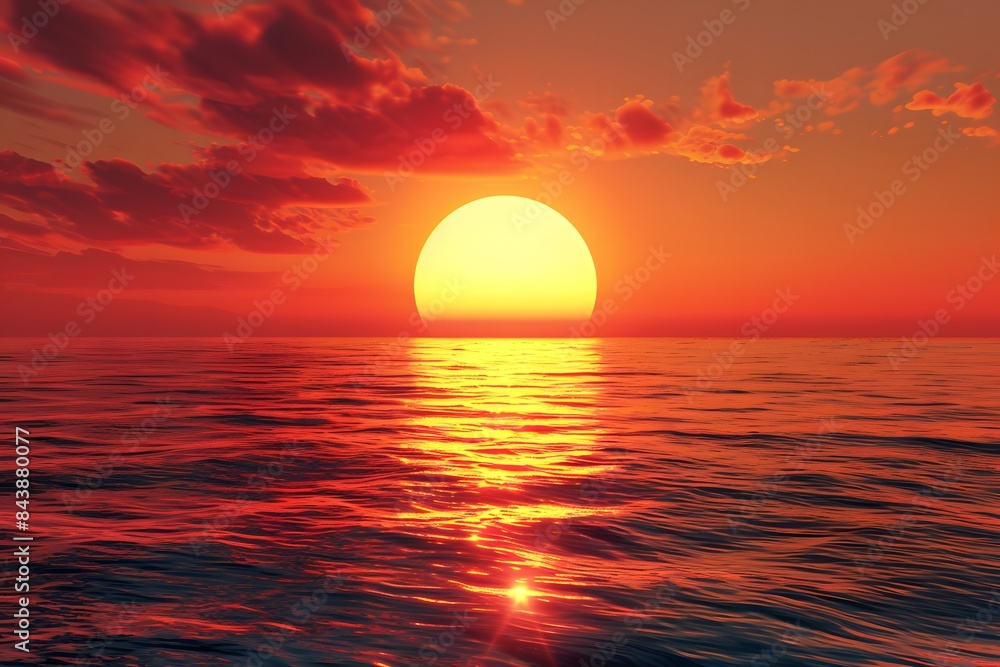 In the sea there is a sunset with a beautiful red glow touching the horizon In the sea there is a sunset with a beautiful red glow touching the horizon