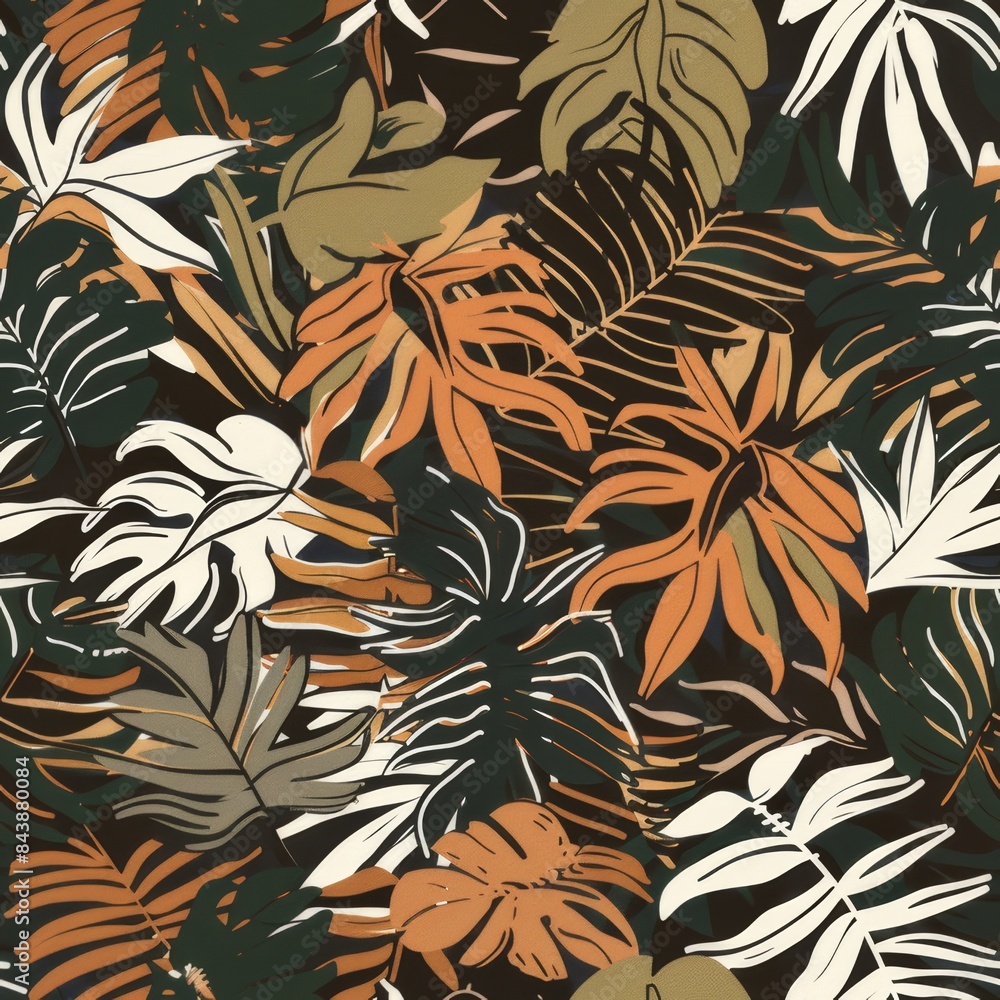 jungle tropical palm tree leaves brown olive green color palette seamless pattern. Hawaiian shirt style illustration fabric print. jungle tropical palm tree leaves brown olive green color palette seamless pattern. Hawaiian shirt style illustration fabric print.