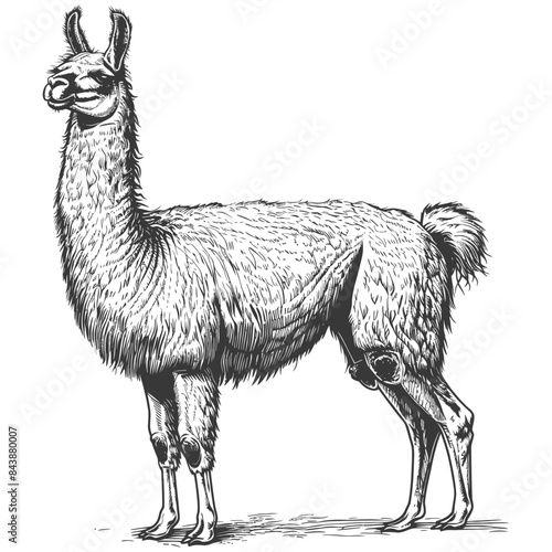 Llama: Detailed Black and White Engraving Illustration.