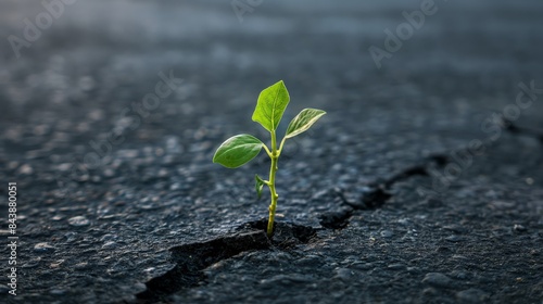 Fototapeta Naklejka Na Ścianę i Meble -  A small green plant is growing out of a crack in the pavement. Environmental concept