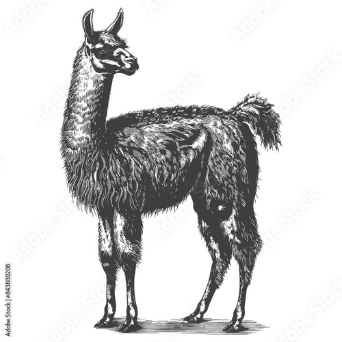 Etched Llama: Detailed Monochrome Illustration of South American Camelid.