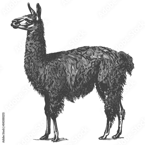 Vintage Llama Engraving: Detailed Fur, Side View, Antique Illustration Style.