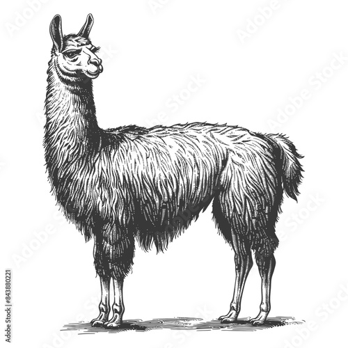 Engraved Llama Portrait: Detailed Fur Texture, Vintage Style Illustration