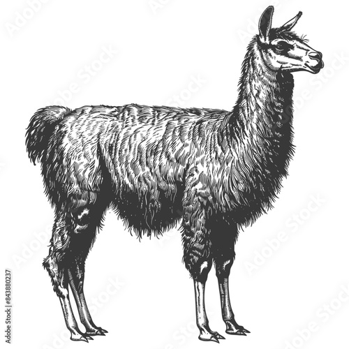 Vintage Engraved Llama: Detailed Black and White Illustration, South American Animal.