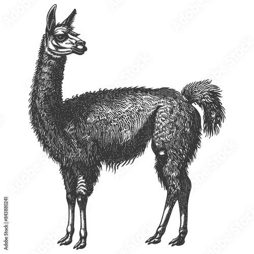 Vintage Llama Engraving: Full Body, Detailed Fur Texture.