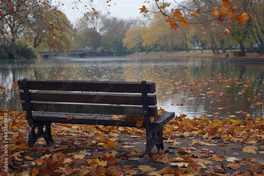 A park bench covered in fallen leaves, with a beautiful view of an autumnal park. A park bench covered in fallen leaves, with a beautiful view of an autumnal park.