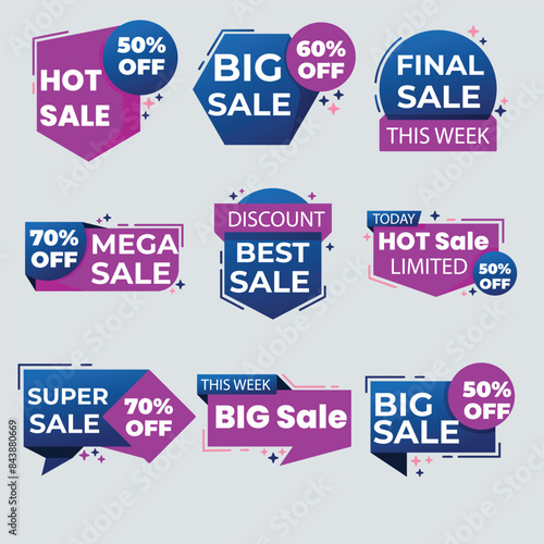 Sale Label collection set. Set ribbon banner and label sticker sale offer and badge tag sale advertising. Discount red ribbons, banners and icons. Cffer discount coupons. Vector illustration.Sale Labe