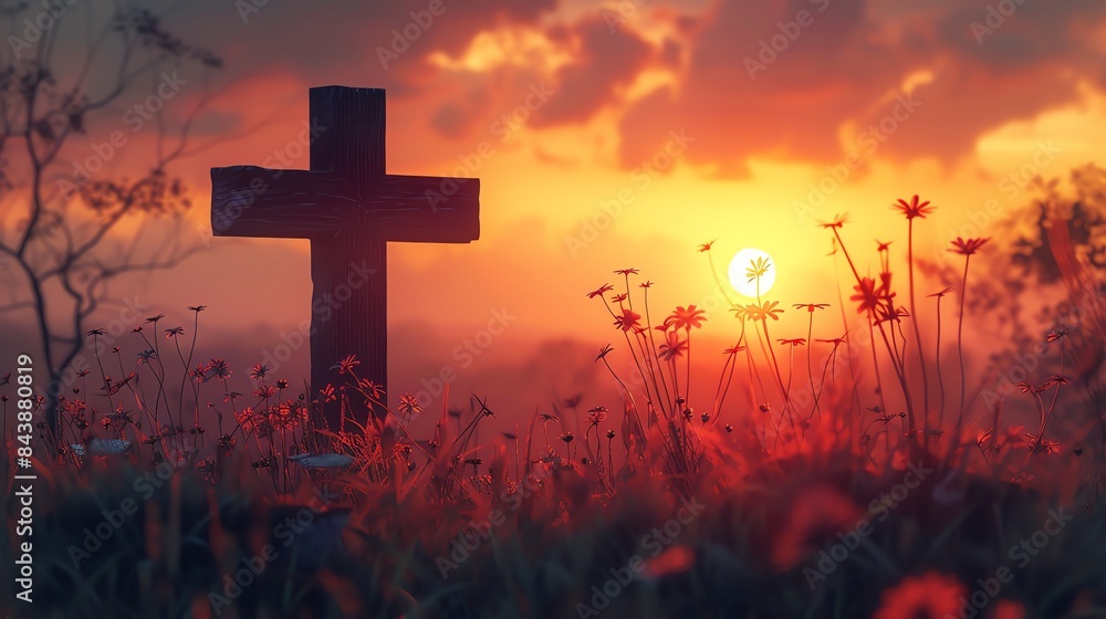 A solitary cross stands tall in a golden field at sunset. A solitary cross stands tall in a golden field at sunset.