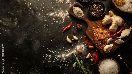 Various spices and herbs on black background with scattered ingredients