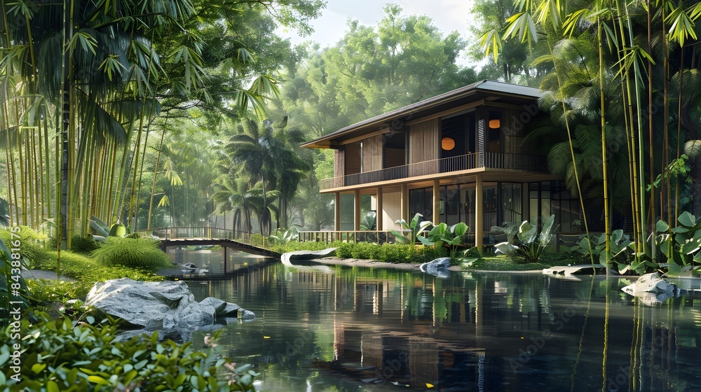 Obraz premium House in a cool and lush tropical forest, small lake in front, surrounded by bamboo trees and greenery