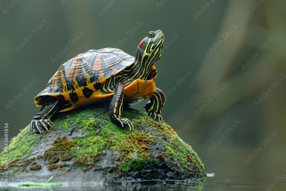 Obraz premium A red-eared slider sits on a green rock by the riverbank, basking in the sunlight.
