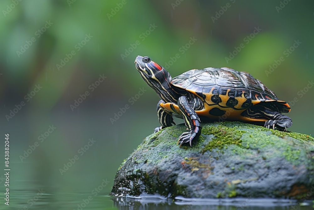 A red-eared slider sits on a green rock by the riverbank, basking in the sunlight.
A red-eared slider sits on a green rock by the riverbank, basking in the sunlight.