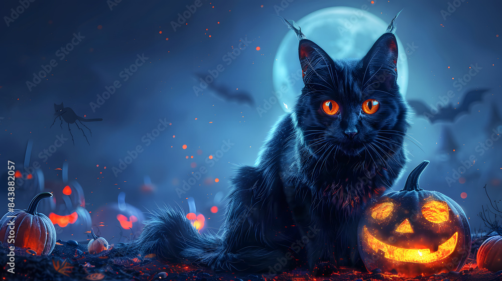 Black Cat Sitting With Pumpkin Halloween, There is a full moon in the sky Black Cat Sitting With Pumpkin Halloween, There is a full moon in the sky