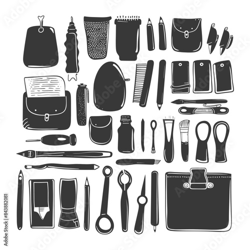 Stylized Sketch of Arts & Crafts Supplies: Monochromatic Still Life