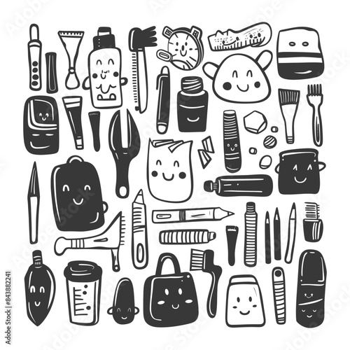 Hand-Drawn Kawaii Doodle Collection: Whimsical Black and White Objects with Faces.