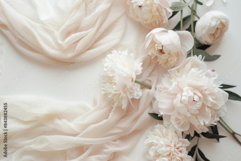 pastel white pink peonies with expensive stationery paper invitation mock up with copy space and sheer fabric pastel white pink peonies with expensive stationery paper invitation mock up with copy space and sheer fabric