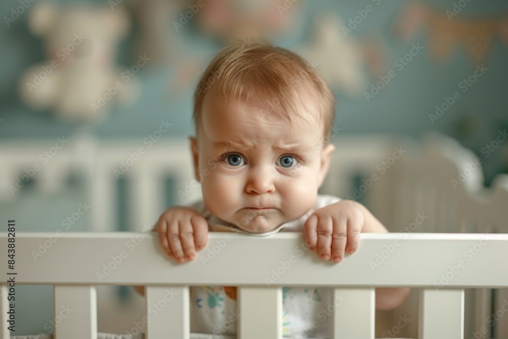Sad baby boy standing in baby bed, playpen Sad baby boy standing in baby bed, playpen