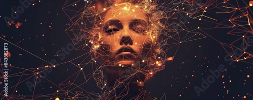 Abstract digital art of a human face with network connections and glowing points