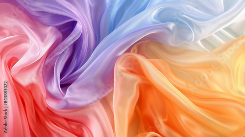 Close-up of colorful silk fabric with gradient of colors, creating swirling and abstract background