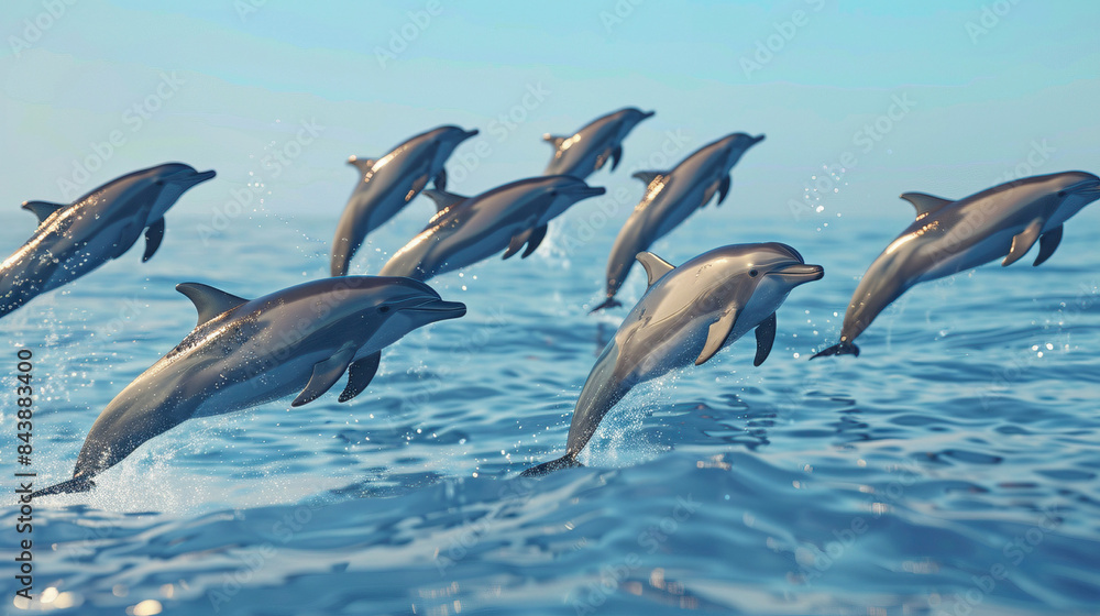 Obraz premium Synchronized Symphony: Dolphins Leaping in Harmony