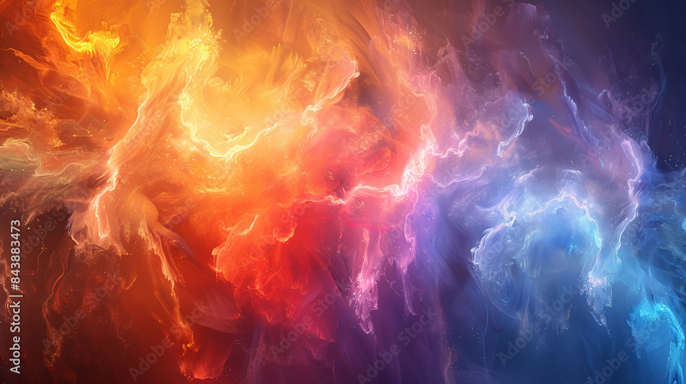 Obraz premium Abstract background featuring vibrant swirls of red, orange, blue clouds, creating chaotic and colorful atmosphere