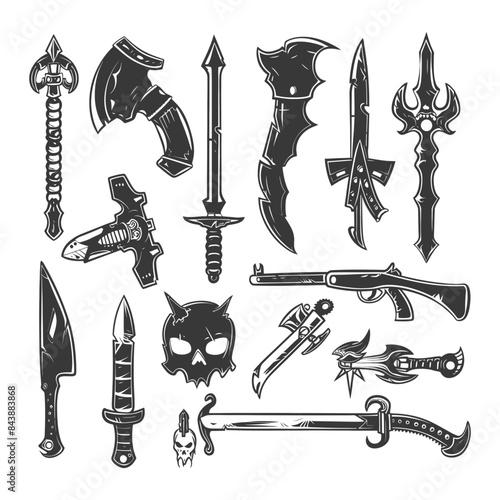 Fantasy Weaponry Sketch Set: Swords, Axes, Skull, and Rifle in Grey Tones
