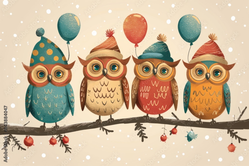 Fototapeta premium Festive owls on tree in cartoon style, birthday greeting card