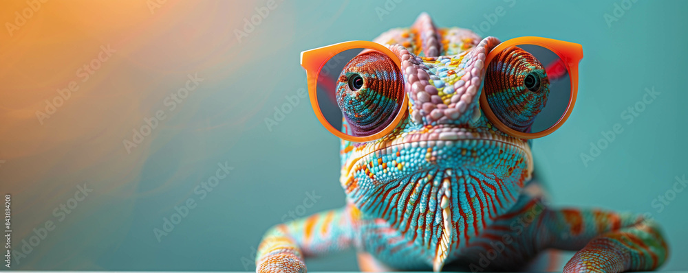 Photo of A chameleon wearing sunglasses on green background, colorful, funny animal character illustration. banner with copy space for advertising concept. Photo of A chameleon wearing sunglasses on green background, colorful, funny animal character illustration. banner with copy space for advertising concept.