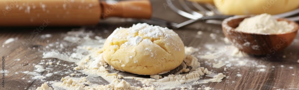 Doughnut on a table with flour and a rolling pin, shortcrust pastry dough type, food background Doughnut on a table with flour and a rolling pin, shortcrust pastry dough type, food background