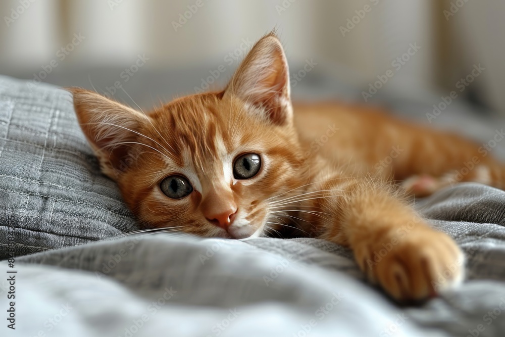 Orange Tabby Kitten Relaxing On Grey Bedspread Orange Tabby Kitten Relaxing On Grey Bedspread