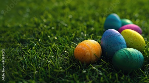 Colorful Easter eggs set against a vibrant green grass backdrop