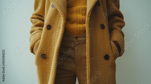 Torso view focused on a trendy autumn coat over a thick knit sweater suggesting seasonal fashion photo