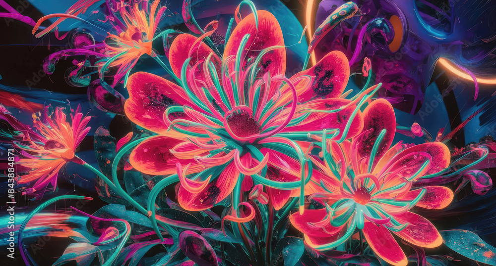 A captivating abstract artwork featuring a swirl of neon-colored, psychedelic flowers. Generative AI A captivating abstract artwork featuring a swirl of neon-colored, psychedelic flowers. Generative AI