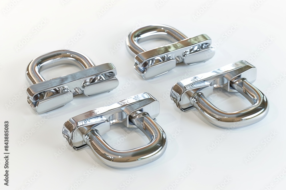 Shiny chrome-plated metal shackles on a white background perfect for industrial and security applications. Clean lines and reflective surfaces showcase strong construction materials. Generative AI Shiny chrome-plated metal shackles on a white background perfect for industrial and security applications. Clean lines and reflective surfaces showcase strong construction materials. Generative AI