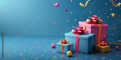 Birthday gift boxes on blue background. Copy space for text
