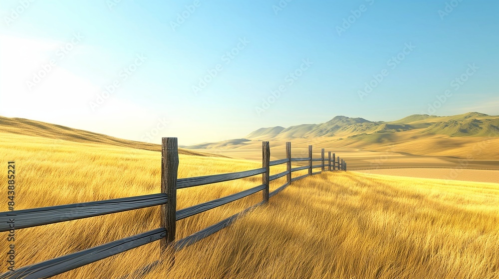 
A tranquil rural landscape with a wooden fence leading to a vast expanse of golden wheat fields, set against a backdrop of gently rolling hills and a clear blue sky