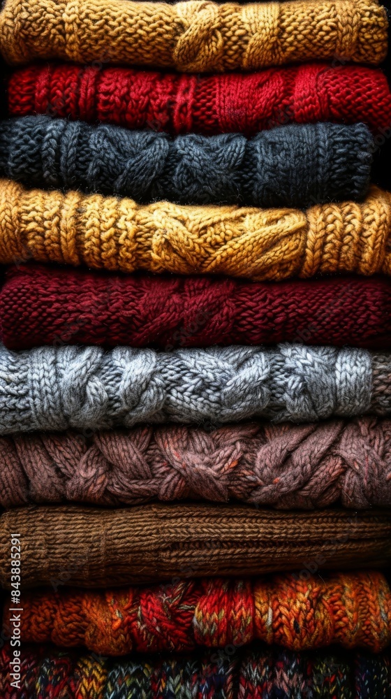 Cozy sweaters: A stack of folded cozy sweaters in warm, autumnal colors. Cozy sweaters: A stack of folded cozy sweaters in warm, autumnal colors.