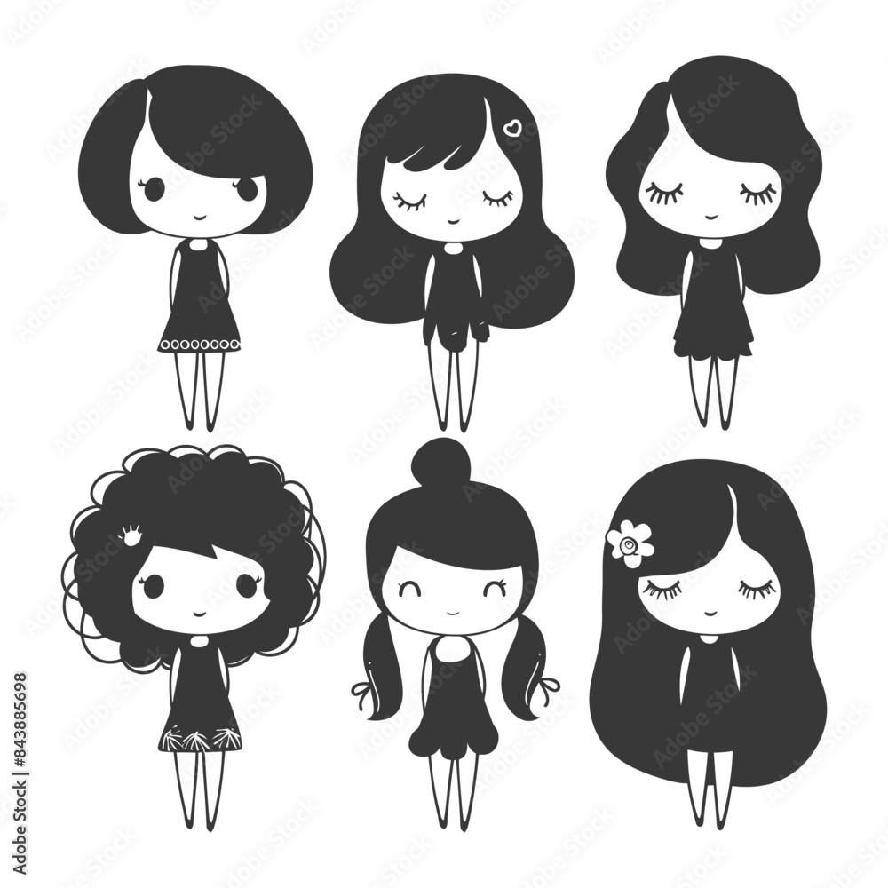 silhouette hand drawn cute women kawaii doodle collection set silhouette hand drawn cute women kawaii doodle collection set