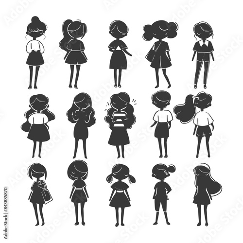 Silhouette Girls: Cute Cartoon Teen Characters, Diverse Styles and Poses, Graphic Illustration.