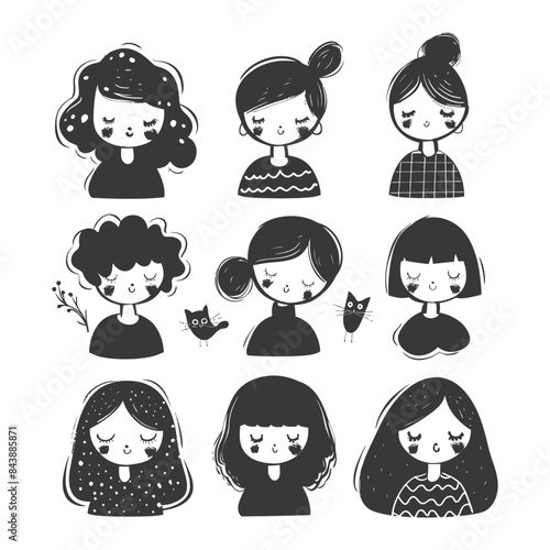 Doodle Girls: Set of Hand-Drawn Cute Female Portraits with Cats, Monochromatic Whimsical Style.