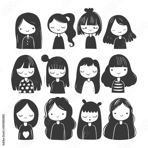 Doodle Girls: Twelve Hand-Drawn Cartoon Faces with Unique Hairstyles, Monochromatic Vector.