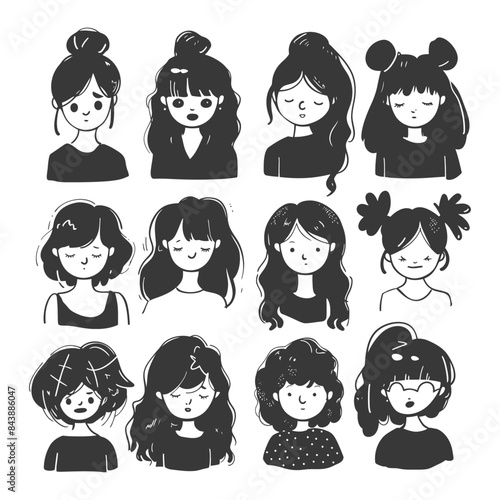 Monochrome Doodle Portraits: Diverse Female Hairstyles and Expressions Collection.