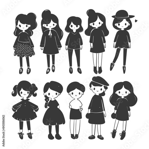 Hand-Drawn Girl Fashion Icons: Cute Doodle Character Collection in Black and White